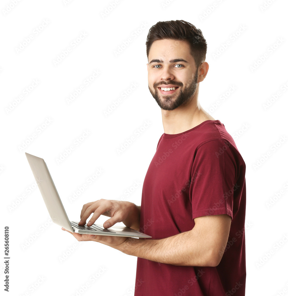 Male programmer with laptop on white background