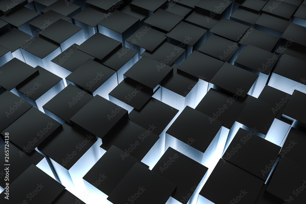 3d rendering, dark background, cube bricks with light effect. Computer digital background.