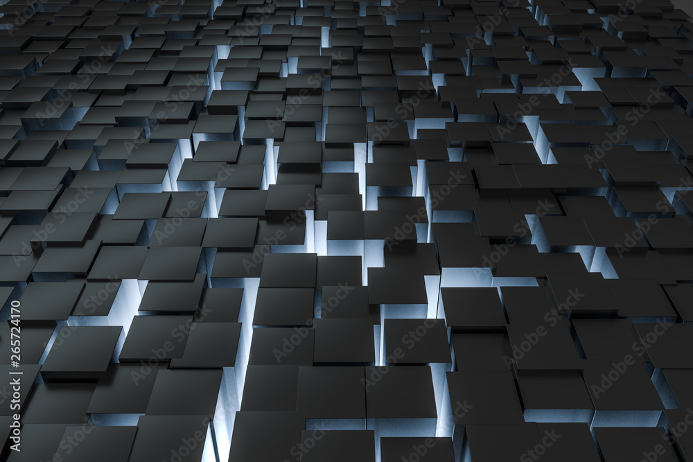 3d rendering, dark background, cube bricks with light effect. Computer digital background.