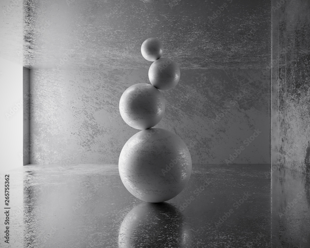 Abstract rock ball balancing yoga placed in reflection concrete background, 3D rendering