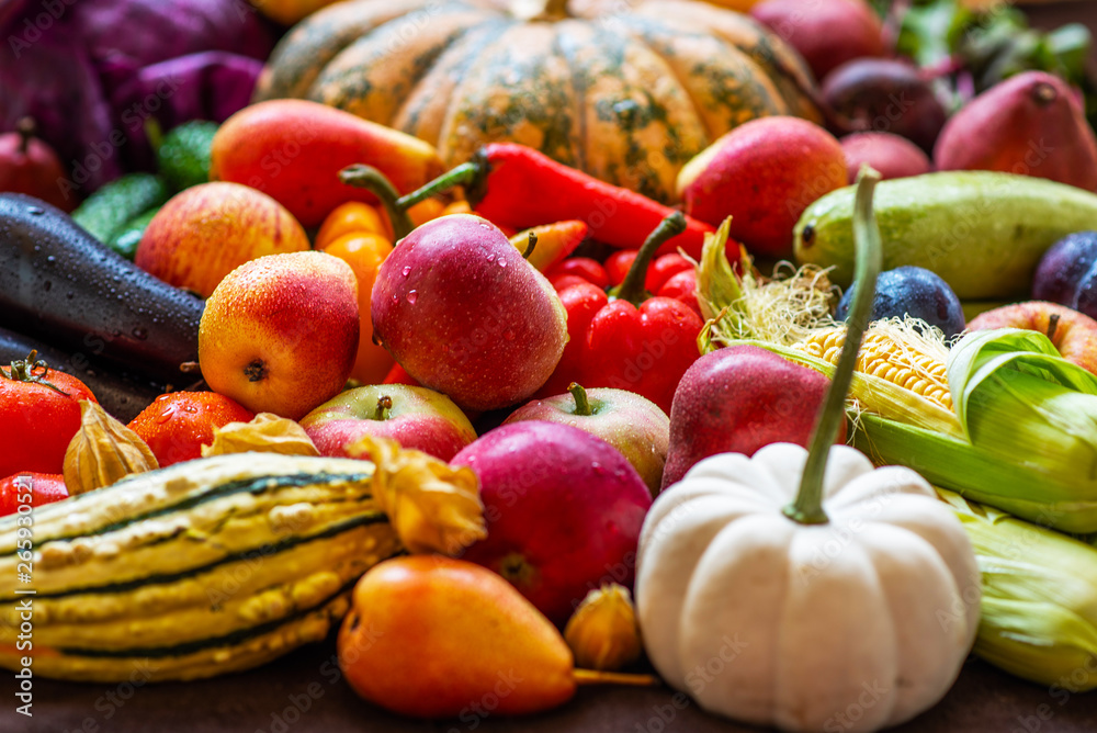 Assortment of fresh fruits and vegetables. Composition with assorted raw organic vegetables and frui