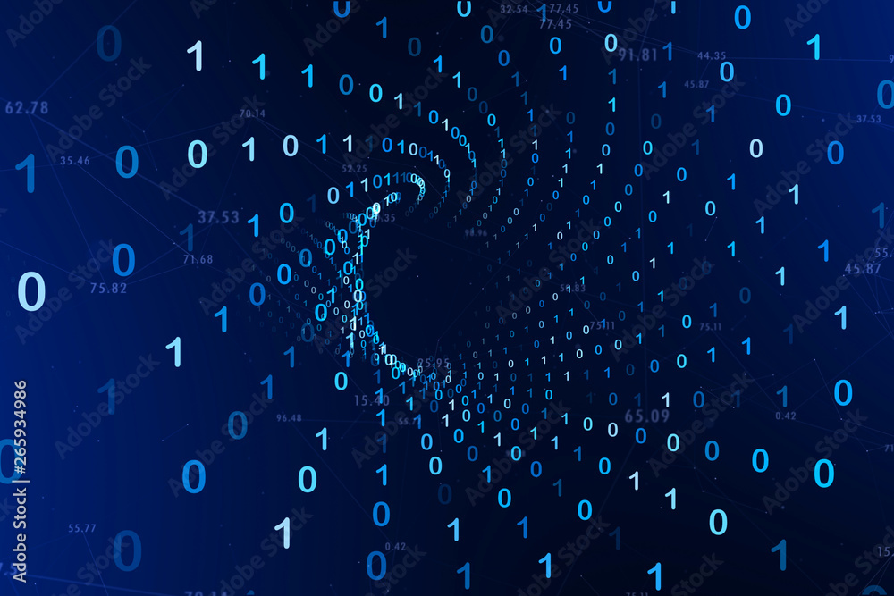 Artistic glowy cyberspace spiral computer network with binary numbers. 3d illustration.