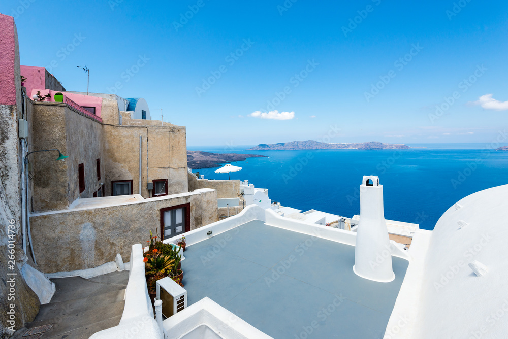 roof terrace on santorini with view on the caldera, greece