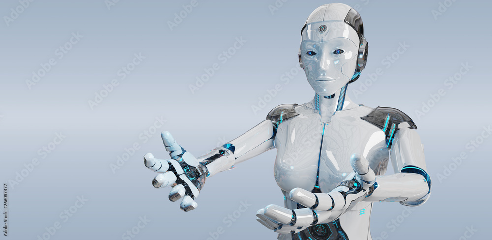 White woman cyborg opening her two hands 3D rendering