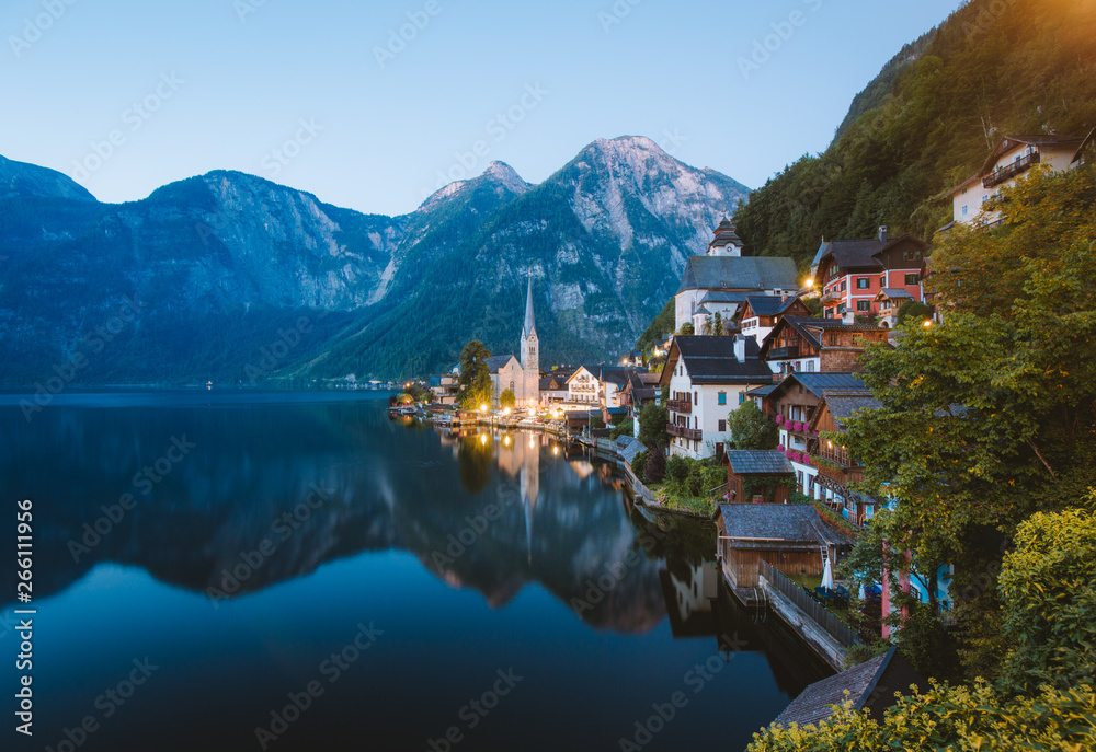 Hallstatt at twilight, Salzkammergut, Austria