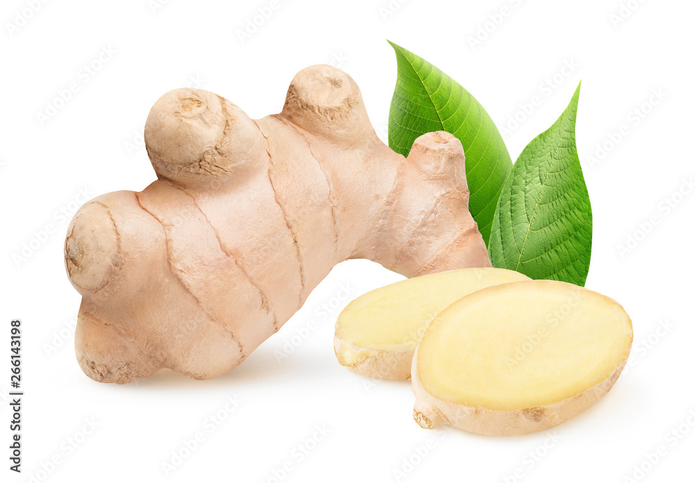 Isolated ginger. Piece of raw ginger root and leaves isolated on white background with clipping path