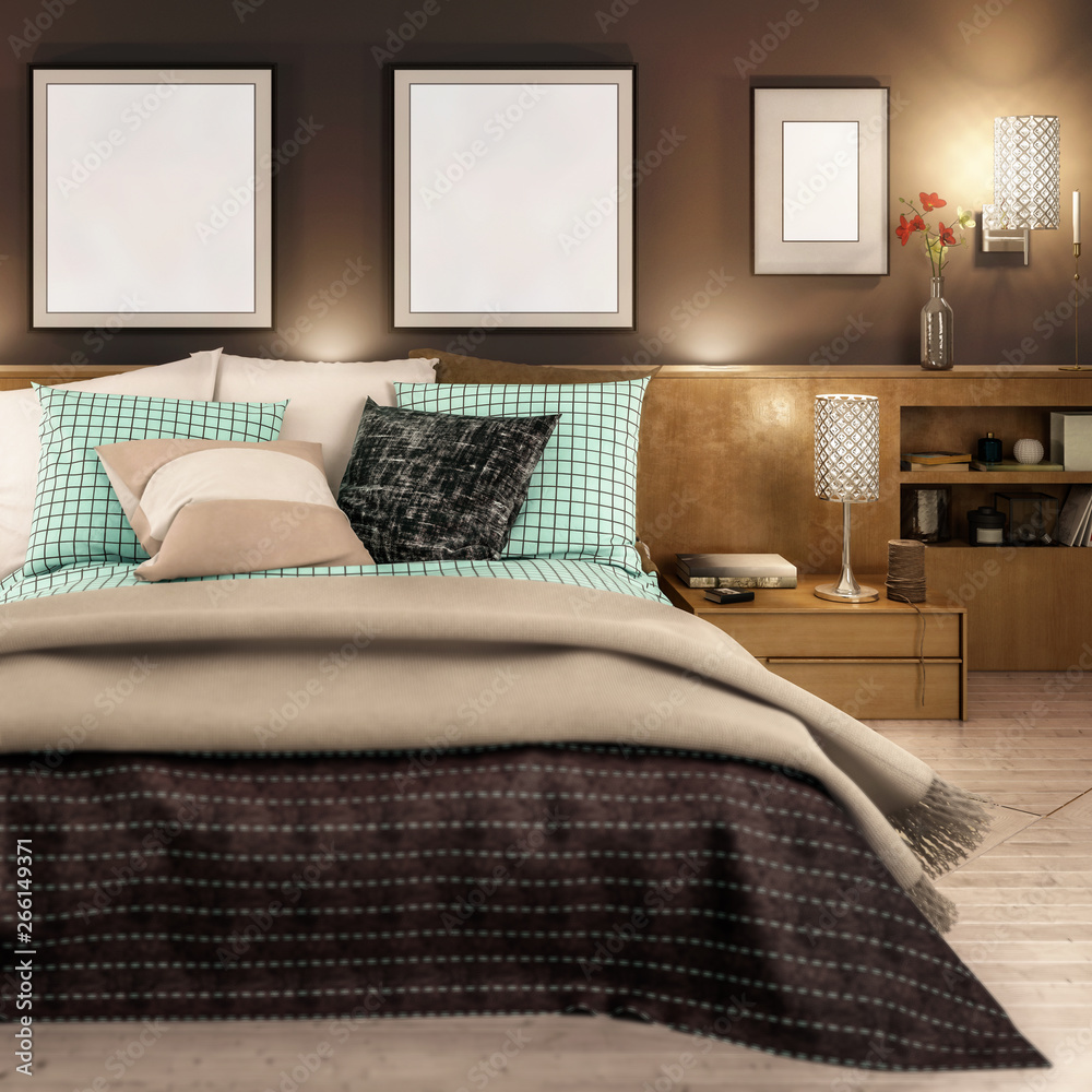 Bedroom interior with template frames by warm artificial light (focused) - 3d visualization