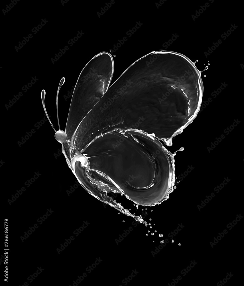 Butterfly made of water splashes isolated on black background