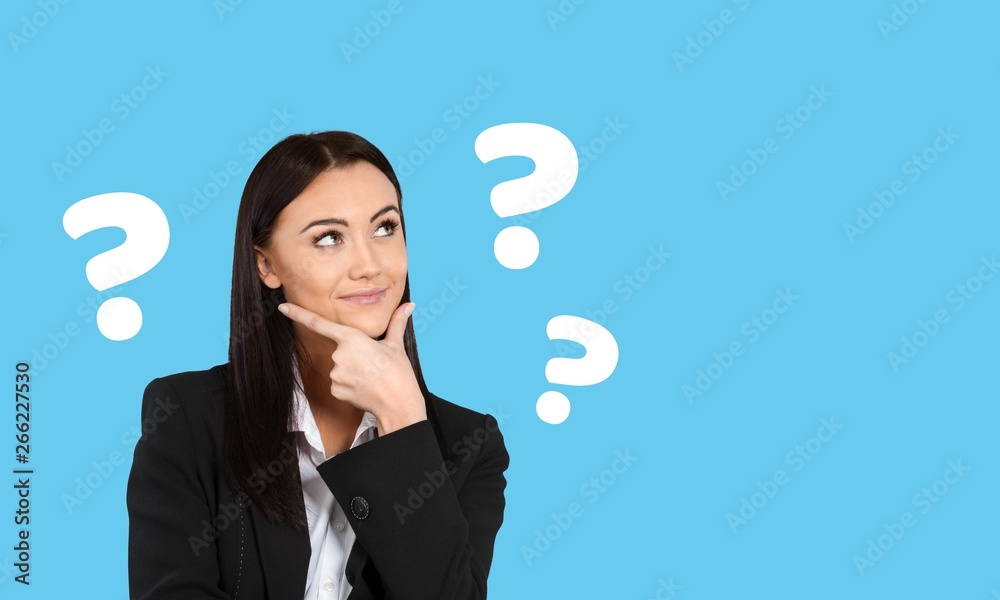 Question woman apron attractive beautiful beauty blue background