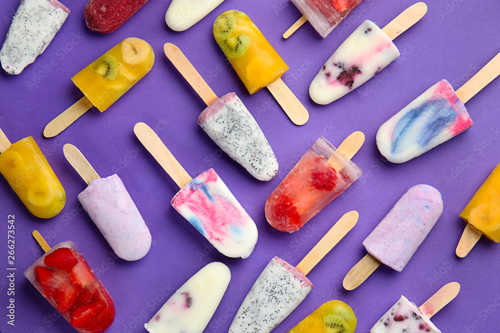 Different fruit ice cream on color background