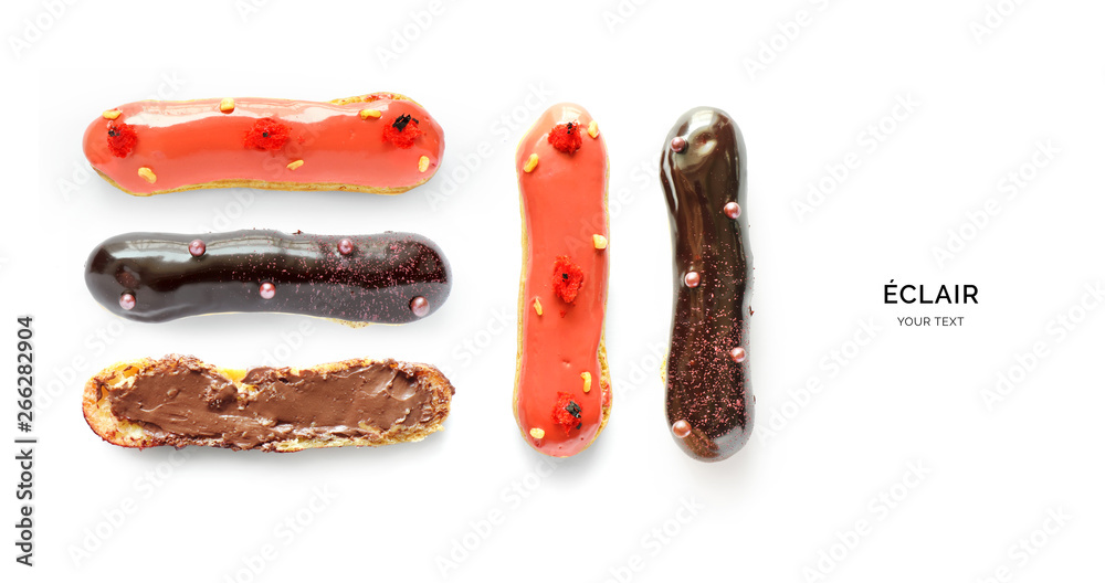 Creative layout made of eclair. Flat lay. Food concept. Macro  concept.