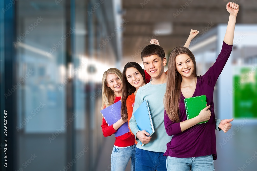 Student happy adult arms raised back back to school backpack