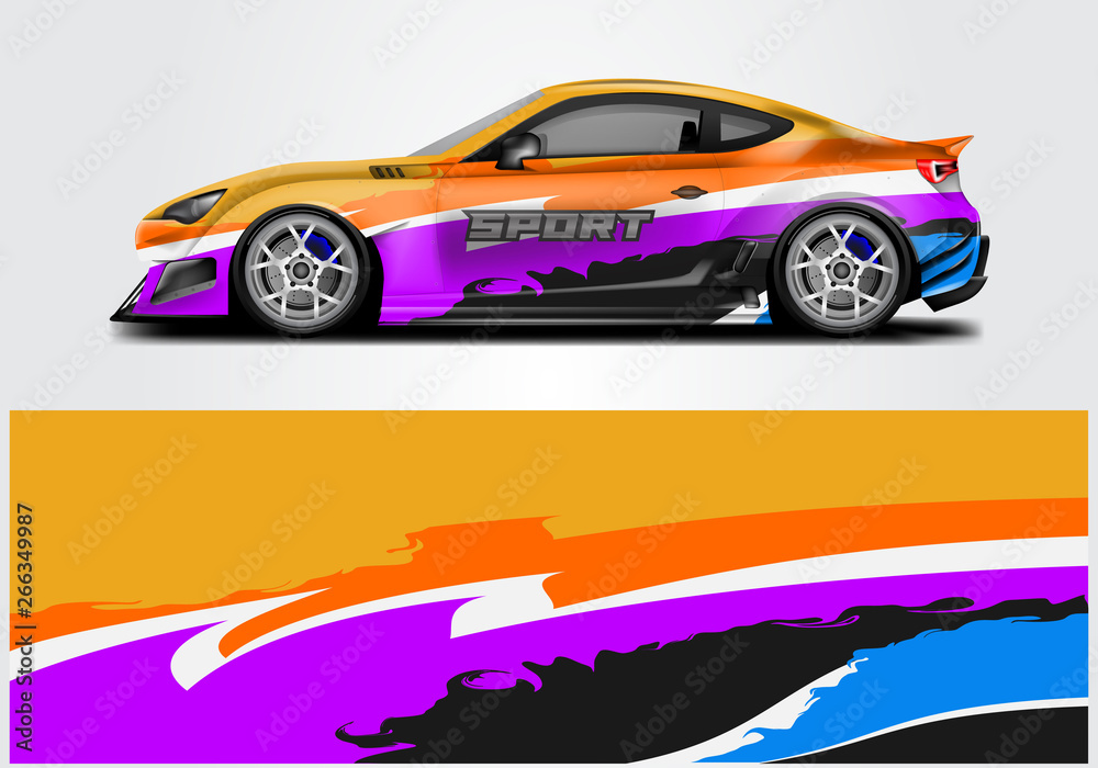 Car wrap livery decal vector , supercar, rally, drift . Graphic abstract stripe racing background . 