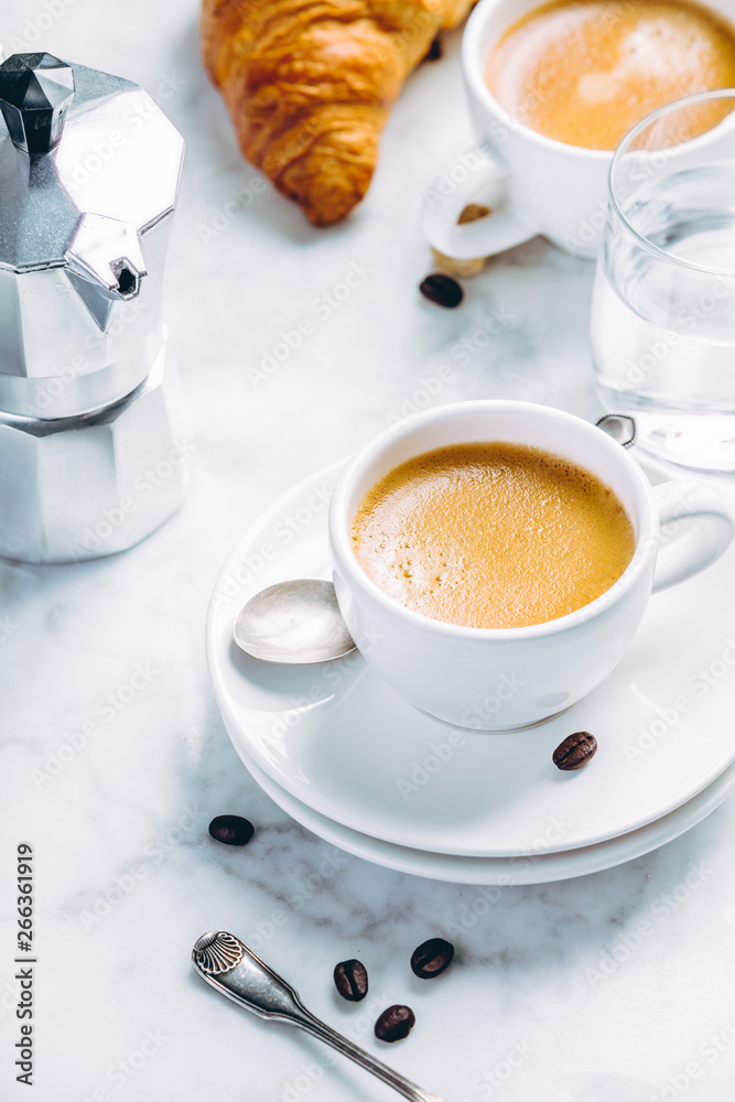 Coffee composition on white marble background. Coffee espresso in white cups