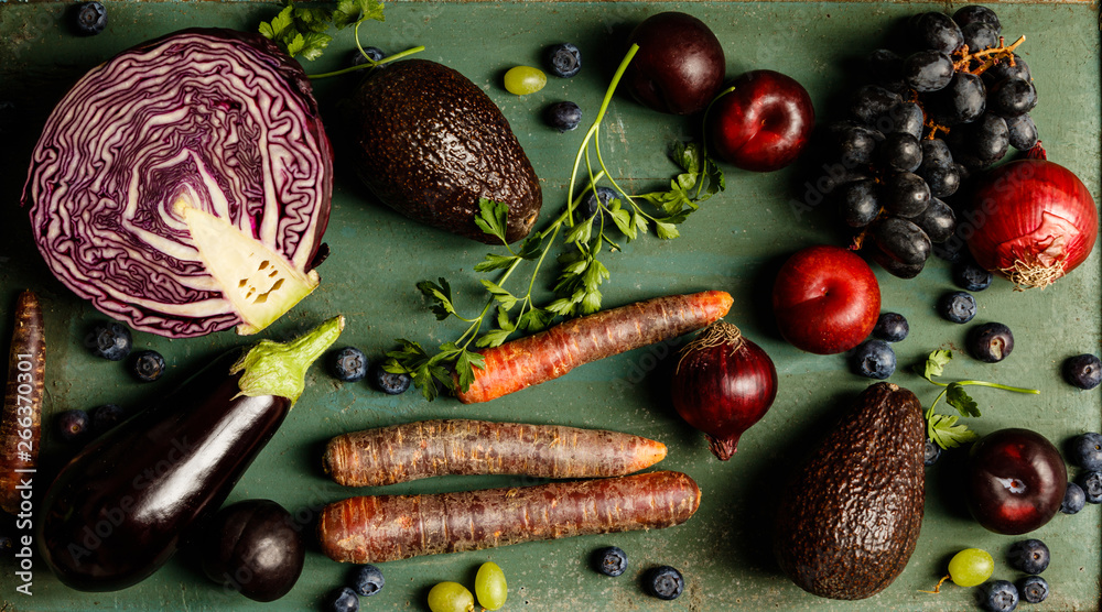 Healthy fruits and vegetables, flat lay, top view