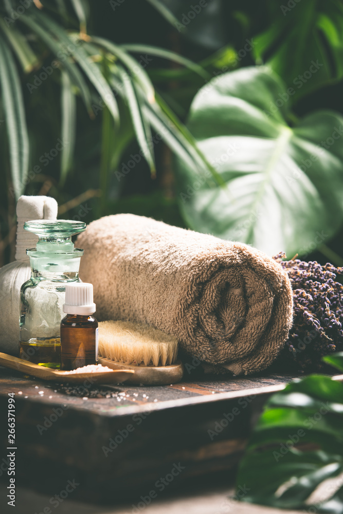 SPA composition on tropical background, close up