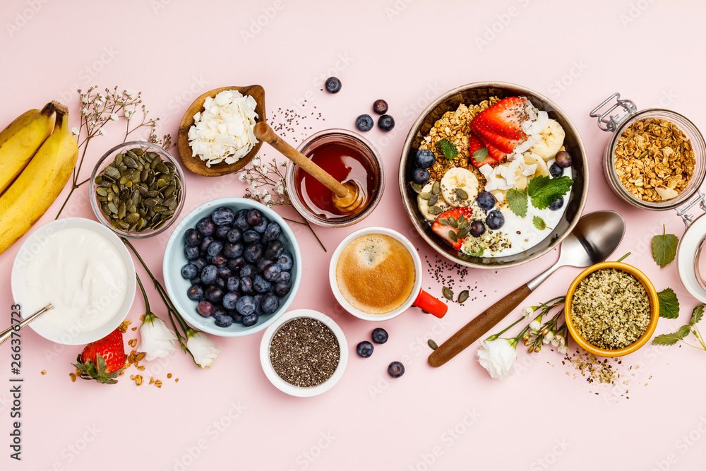 Healthy breakfast set with coffee and granola