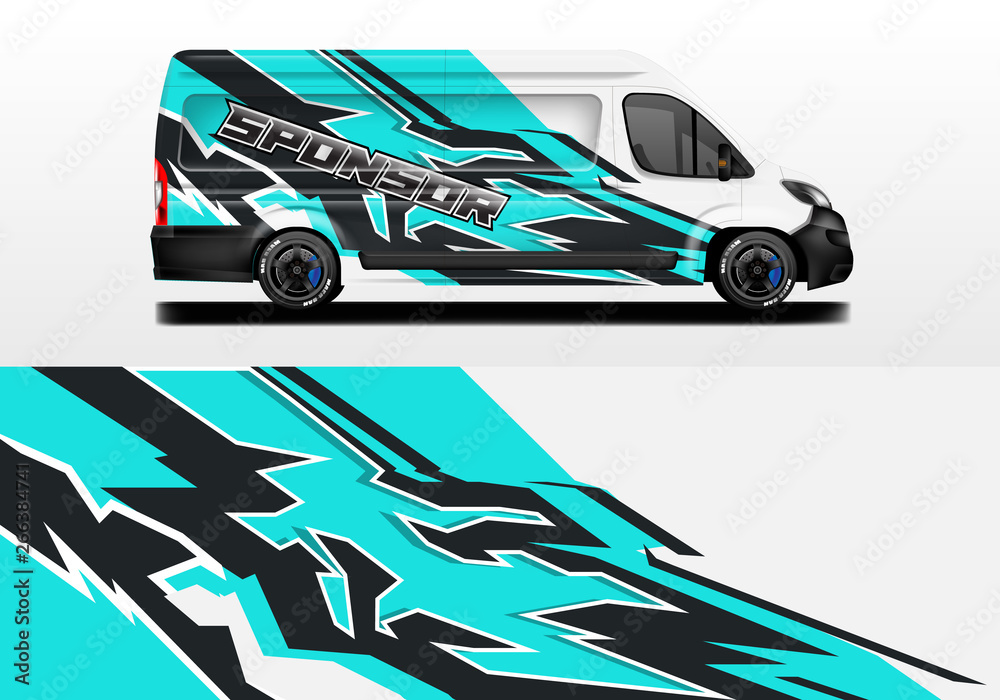 Van vector car wrap, truck, bus, racing, car service. Abstract graphic background graphics