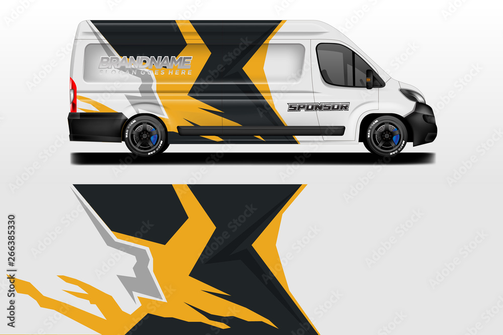 Van vector car wrap, truck, bus, racing, car service. Abstract graphic background graphics