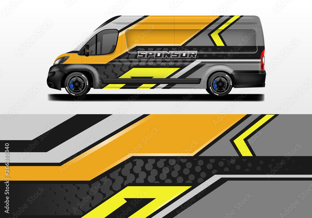 Van vector car wrap, truck, bus, racing, car service. Abstract graphic background graphics