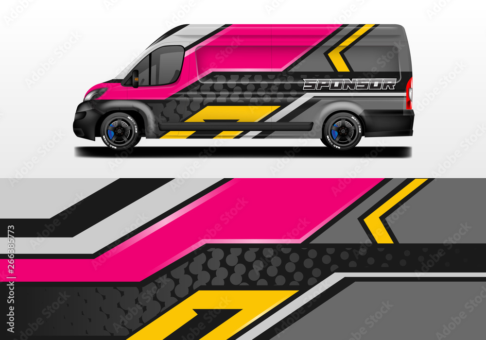 Van vector car wrap, truck, bus, racing, car service. Abstract graphic background graphics