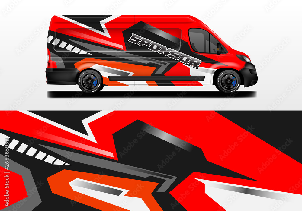 Van vector car wrap, truck, bus, racing, car service. Abstract graphic background graphics