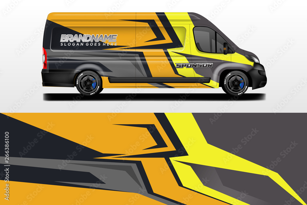 Van vector car wrap, truck, bus, racing, car service. Abstract graphic background graphics