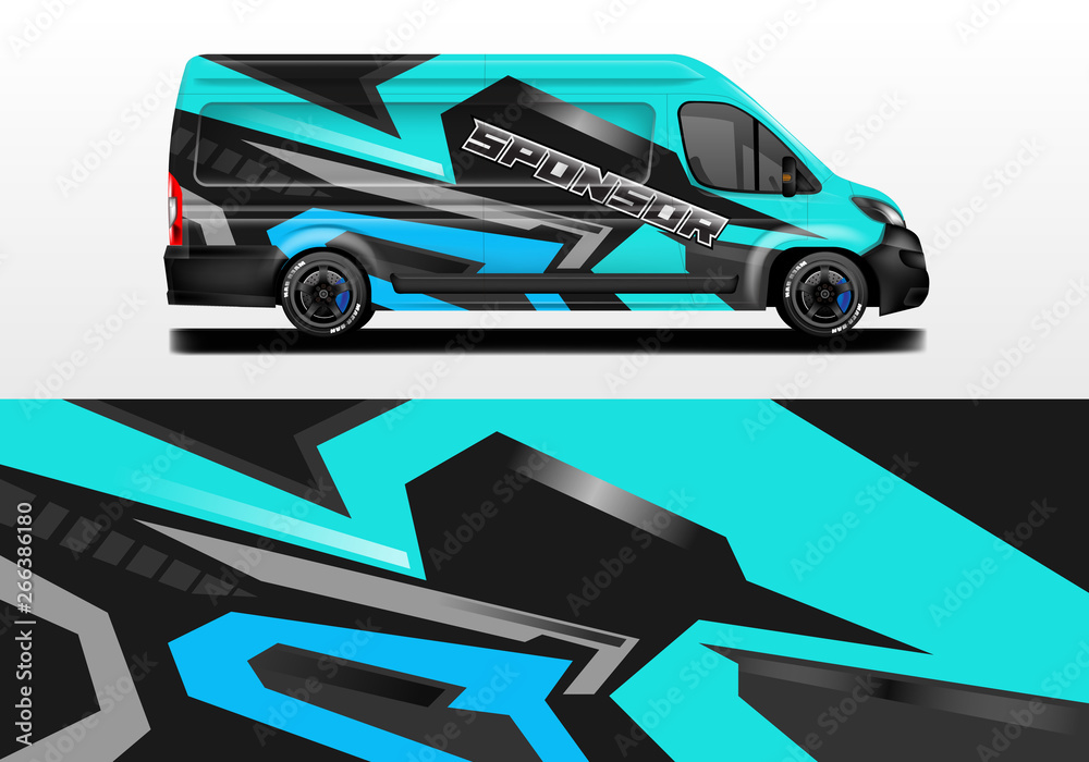 Van vector car wrap, truck, bus, racing, car service. Abstract graphic background graphics