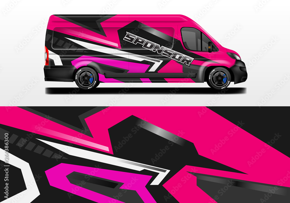 Van vector car wrap, truck, bus, racing, car service. Abstract graphic background graphics