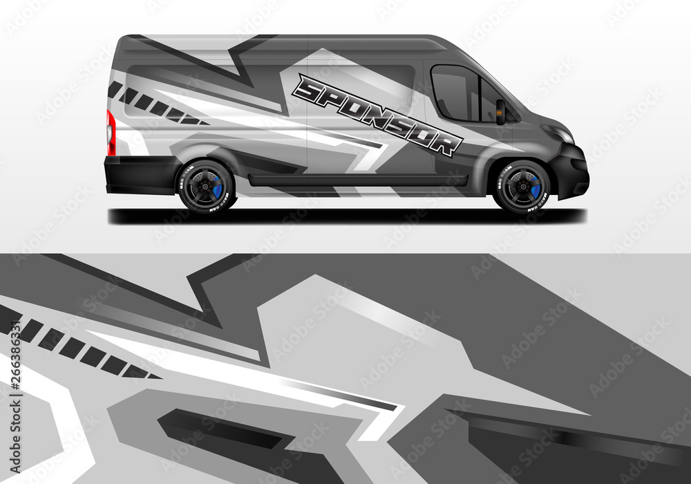 Van vector car wrap, truck, bus, racing, car service. Abstract graphic background graphics