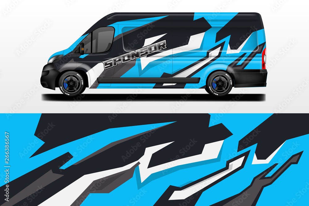 Van vector car wrap, truck, bus, racing, car service. Abstract graphic background graphics