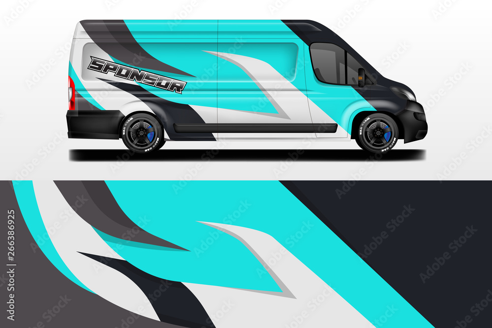 Van vector car wrap, truck, bus, racing, car service. Abstract graphic background graphics