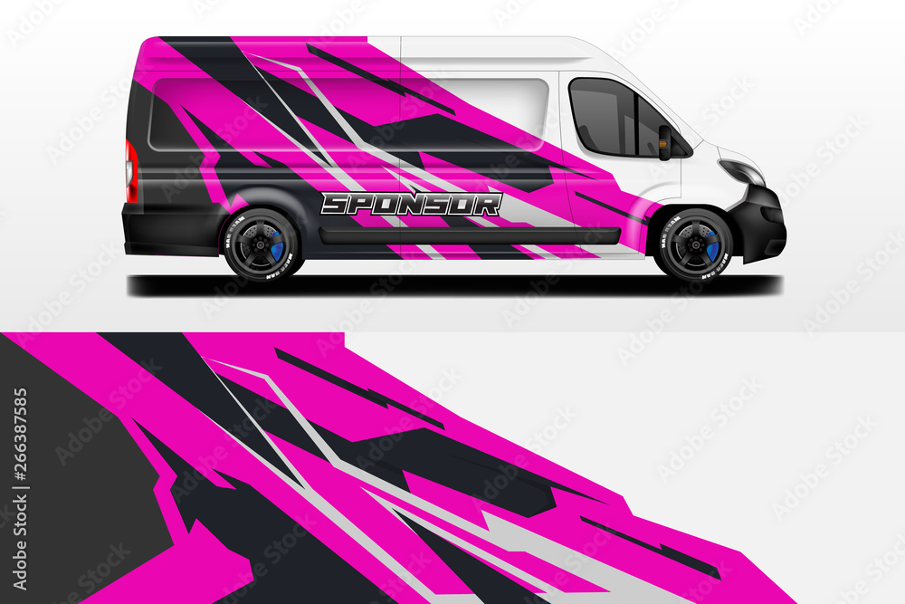 Van vector car wrap, truck, bus, racing, car service. Abstract graphic background graphics