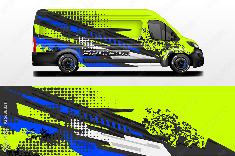 Van vector car wrap, truck, bus, racing, car service. Abstract graphic background graphics