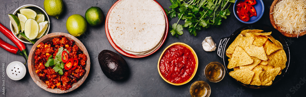 Concept of Mexican food, flat lay, dark background