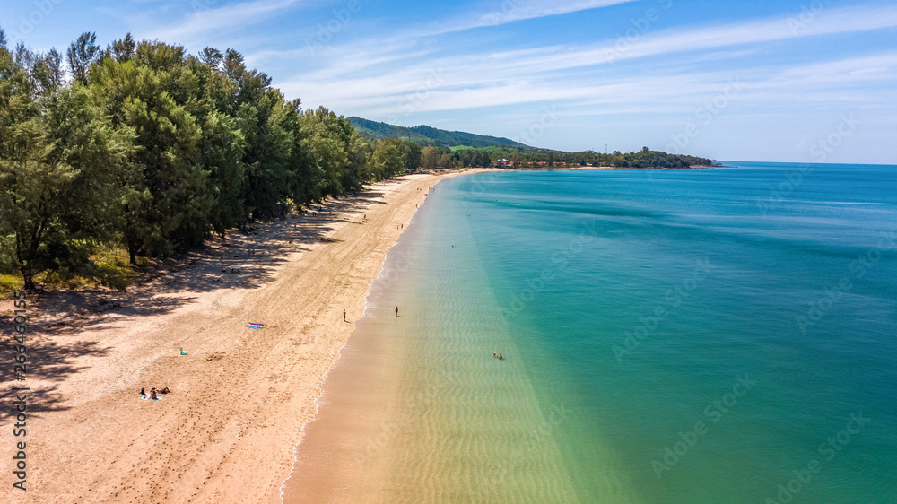 Aerial drone view of white sand tropical beach and Andaman sea from above, Koh Lanta island, Thailan