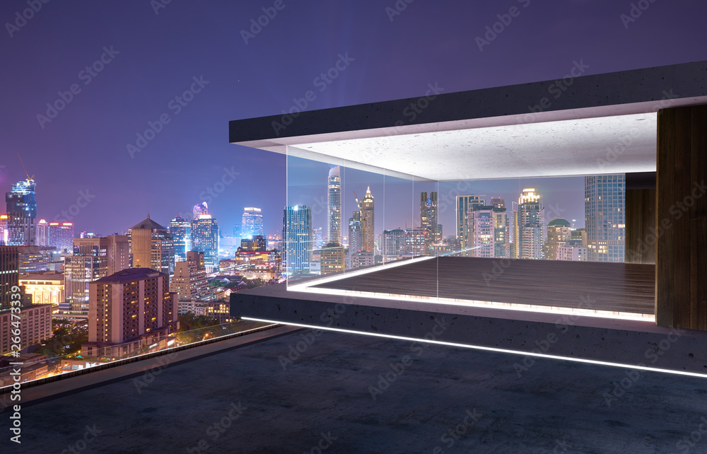 Empty glass wall balcony with city skyline view . Night scene .Mixed media .