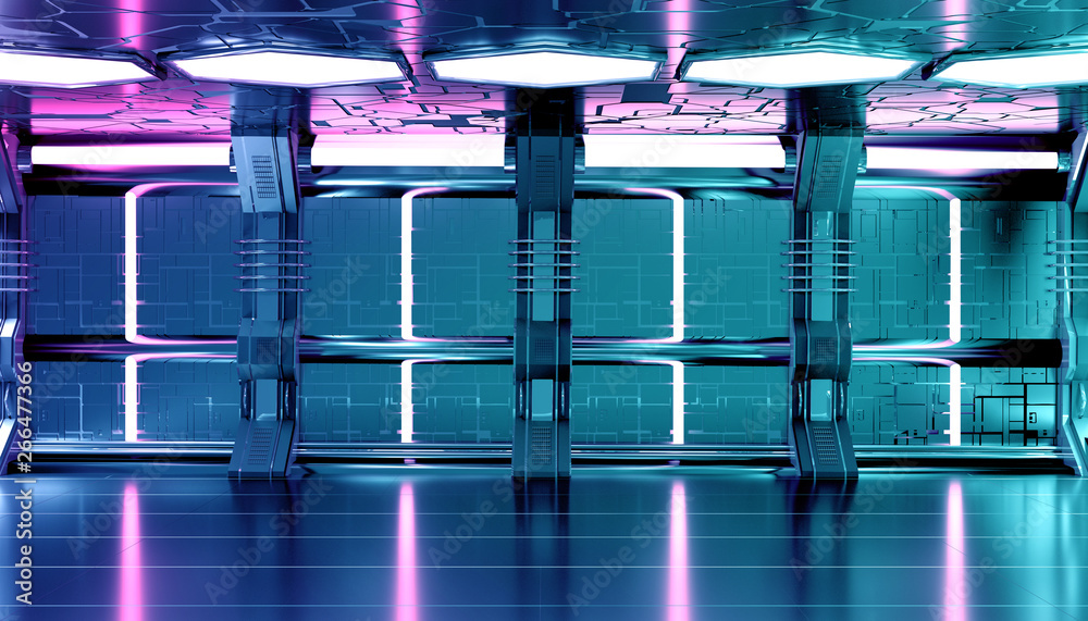 Dark blue pink spaceship futuristic interior with tech wall panel 3d rendering