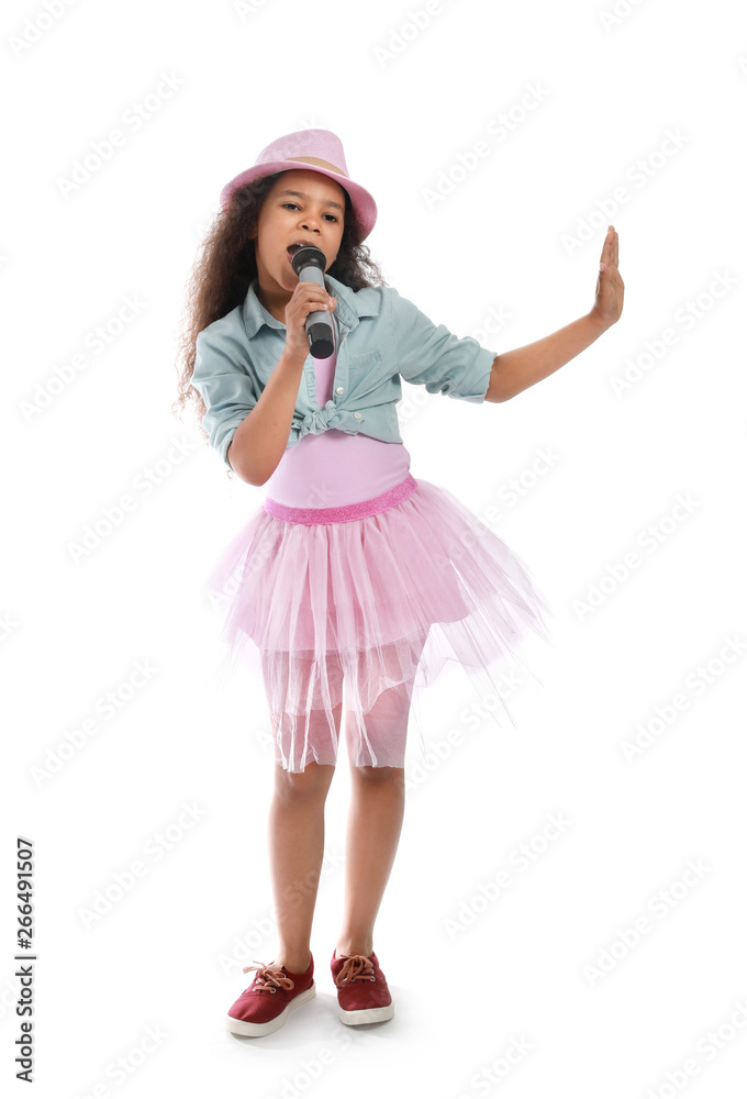 Little African-American singer against white background