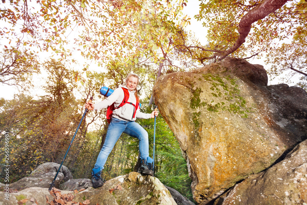 Hiker starts journey to hike mountains in autumn