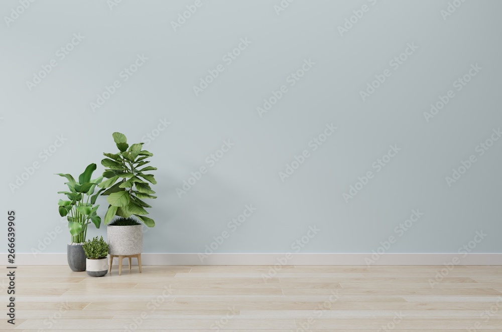 Empty room with plants mockup have wooden floor,3D rendering