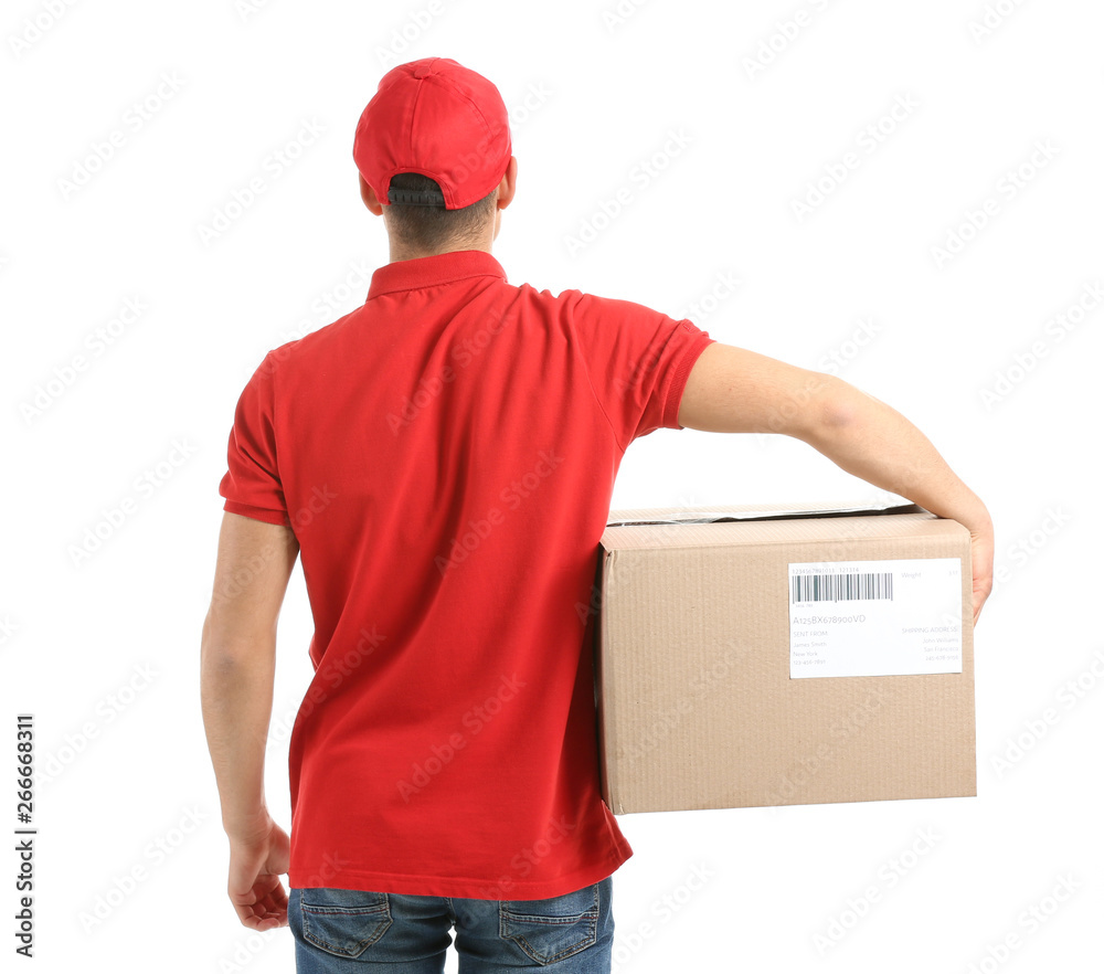 Delivery man with box on white background, back view