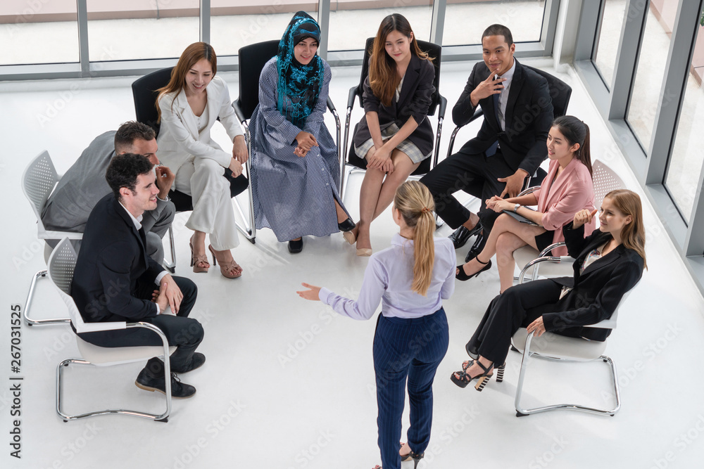 Businesswomen and businessmen attending group meeting conference in office room. Corporate business 