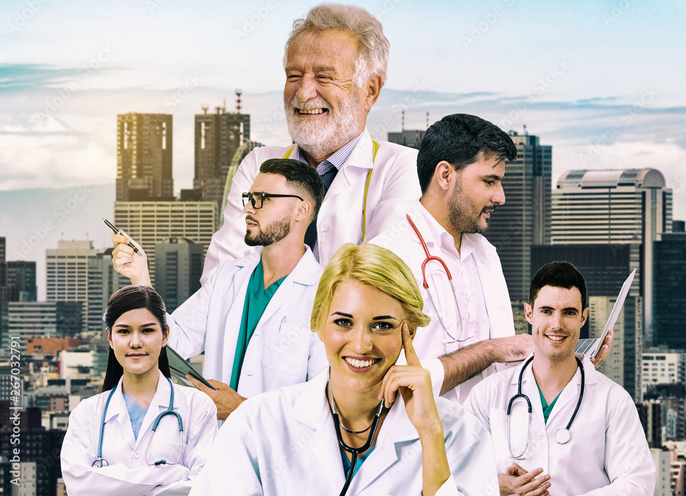 Healthcare people group portrait in creative layout. Professional medical staff, doctors, nurse and 