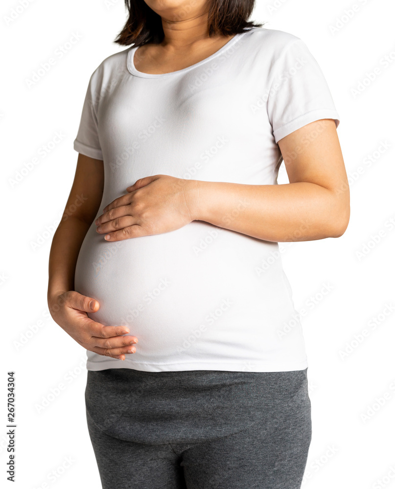 Happy pregnant woman taking care of her child isolated on white background. The young expecting moth