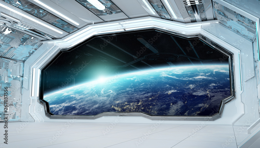 White blue spaceship futuristic interior with window view on planet Earth 3d rendering