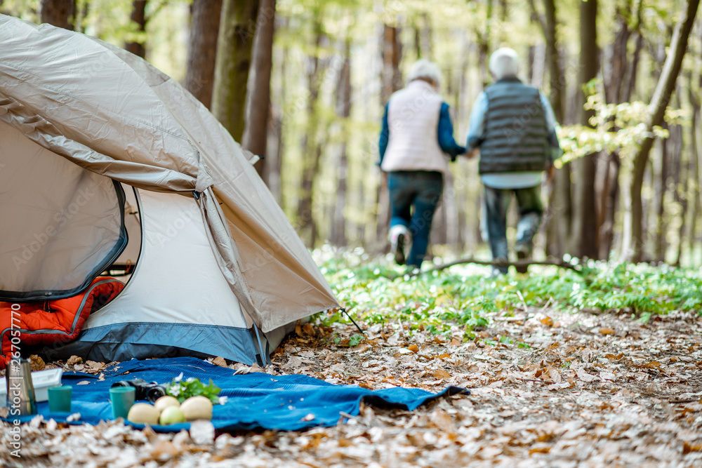 Campsite in the forest with senior couple walking on the background