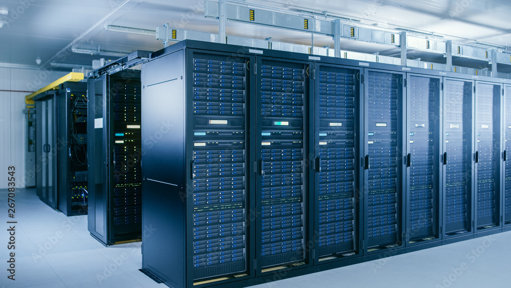 Shot of Data Center With Multiple Rows of Fully Operational Server Racks. Modern Telecommunications,