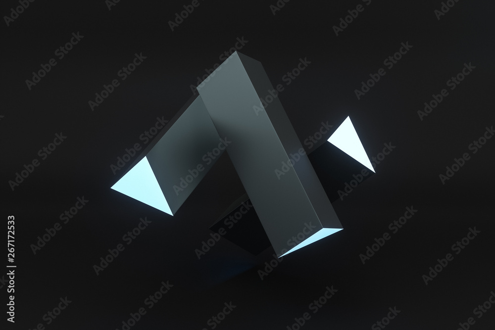 3d rendering, blue glowing triangle pillar with dark background,