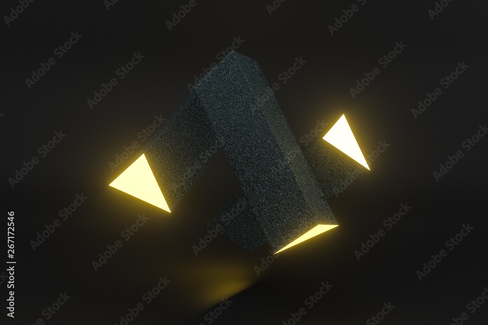 3d rendering, yellow glowing triangle pillar with dark background,